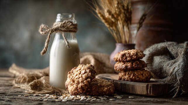 A rustic wooden table with milk bottle and oatmeal cookies, cozy farmhouse feel