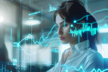 Young woman analyzing financial data and stock market charts with futuristic holographic interface in a modern office setting representing technology and business growth