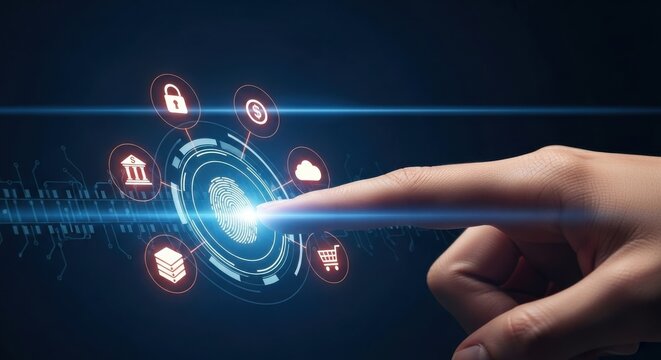 Digital security and fingerprint technology represented through an interactive interface with various security icons