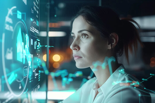 Focused woman in a lab coat examining complex holographic data projections and futuristic technology in a dimly lit research facility