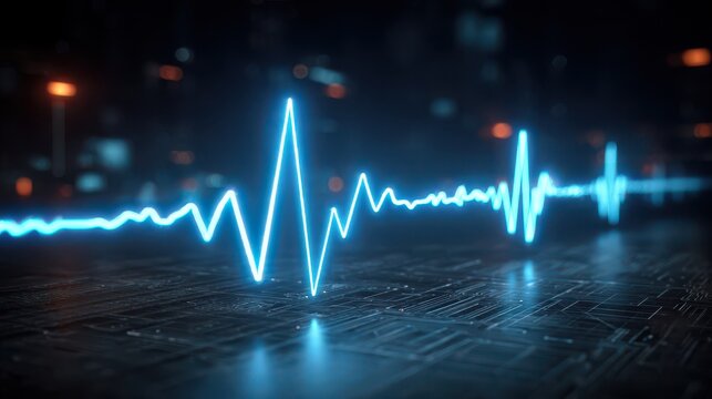 A blue glowing heart beat pulse line on a dark surface medical and technology concept futuristic design