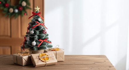 Festively decorated miniature christmas tree adorned with ornaments and gifts on a wooden surface