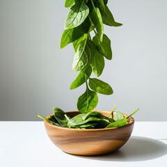 Fresh spinach leaves gracefully falling into a rustic wooden bowl on a white surface