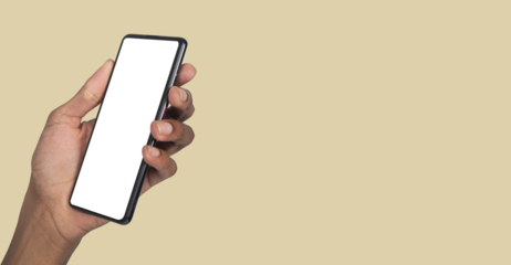 Holding a phone with clear display, ideal for advertising design, social media promo or user