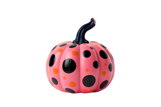 A pink pumpkin with black and orange polka dots isolated on transparent background - Powered by Adobe