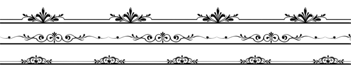 A collection of three different decorative borders in black silhouette on a white background, featuring floral motifs, swirls, and linear elements for a classic design.