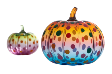 Two colorful glass pumpkins with polka dots, isolated on transparent background