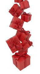 A cascading tower of vibrant red gift boxes with satin bows falling against a white background