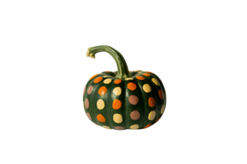 Small dark green pumpkin with orange and beige polka dots isolated on transparent background