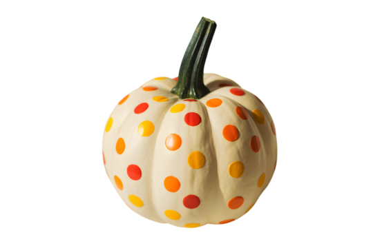 Small white pumpkin with orange and yellow polka dots isolated on transparent background