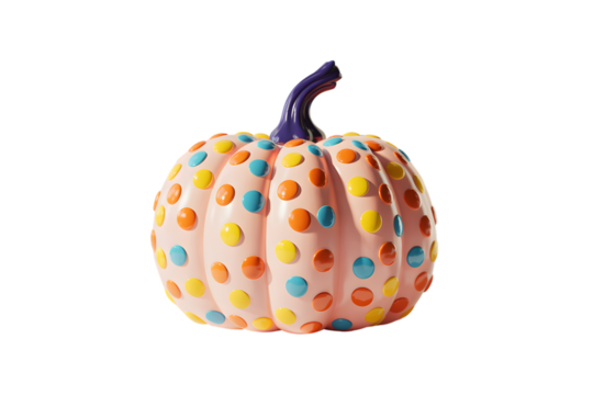 Pink ceramic pumpkin with colorful polka dots, isolated on transparent background