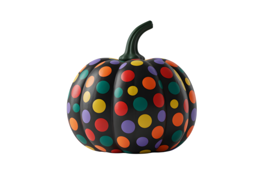 A black pumpkin decorated with colorful polka dots, isolated on transparent background