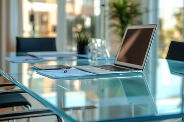 Modern glass conference table with open laptop and notebook reflecting natural light in a bright office meeting room