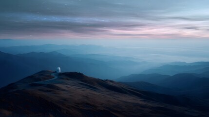 Fototapeta premium A serene mountain landscape at dawn or dusk with a remote observatory on a peak under a cloudy sky and valley fog