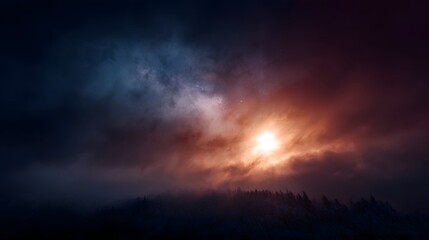 luminous dawn sky with swirling mist and celestial galaxy elements creating vibrant colors over a dark forest landscape