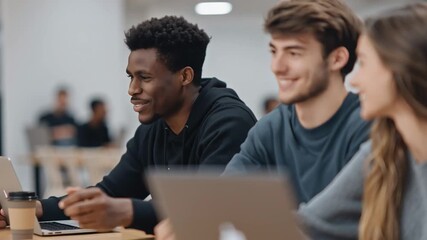 A cheerful group of students sitting together with laptops laugh and share ideas during teamwork in a modern classroom environment filled with friendly interaction and energy - Powered by Adobe