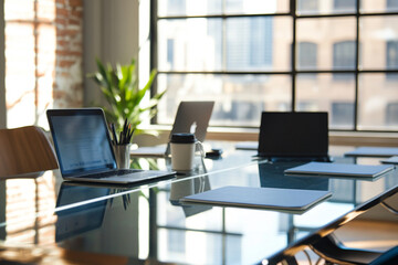 Modern office meeting room with laptops and natural light streaming through large windows creating a bright and productive workspace environment for collaboration and business