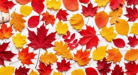 Vibrant autumn maple leaves displayed in a colorful array on a white background