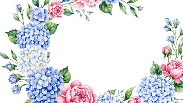 Floral watercolor frame with blue and pink flowers