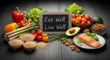 Healthy food items like salmon, vegetables, and grains arranged around a chalkboard on a dark wooden table