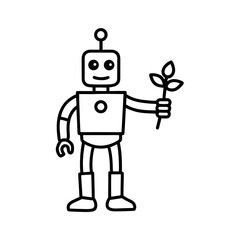 Friendly cartoon robot holding a small plant in its hand