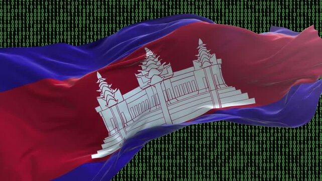 Cambodia flag - Waving flag on matrix binary code background