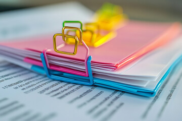 Close up of a stack of colorful papers held together by a gold binder clip with text visible on the surface below suggesting organization and documentation