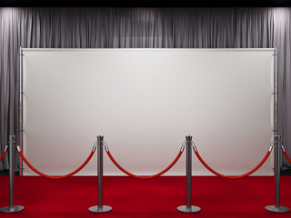 White Backdrop Mockup 3D Rendering Showing a Line of Stanchions with Red Ropes, and Gray Curtains.