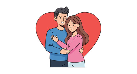 Charming cartoon illustration showcasing a couple embracing warmly in front of a red heart