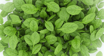 A close up overhead view of a pile of fresh vibrant green baby spinach leaves