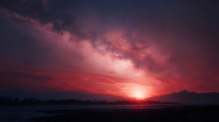 Fototapeta premium A vibrant crimson sunset merges with the majestic Milky Way galaxy over a serene mountain landscape
