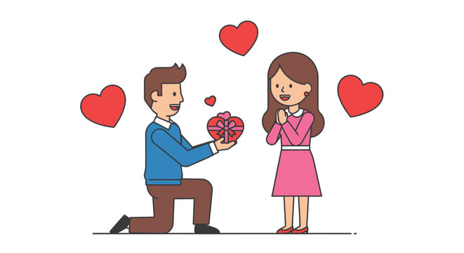 Charming cartoon illustration of a romantic proposal scene, expressing love and affection for a
