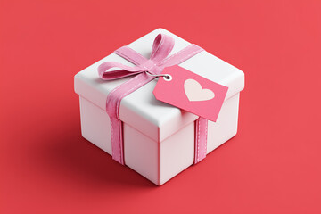 White gift box with pink ribbon and heart tag on red background