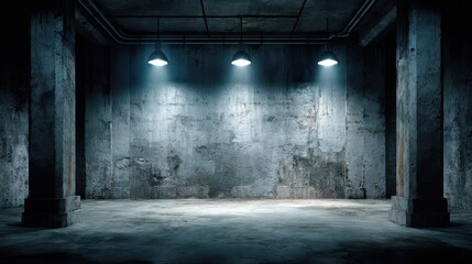 Eerie underground parking lot with concrete pillars and dim lighting, creating a sense of mystery and urban decay
