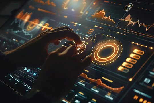 Close up of a person s hand operating a futuristic digital interface with glowing orange charts and data visualizations in a dark high tech environment - Powered by Adobe