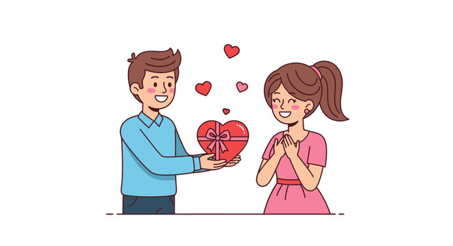 Romantic gesture of love illustration with a man giving a heart-shaped gift to a woman cartoon