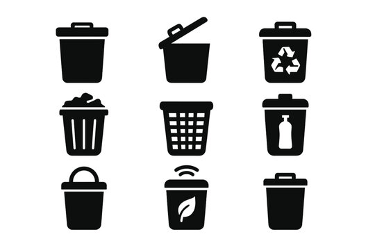Recycling and waste management silhouette icon set. featuring bins, recycling, trash, waste, and compost symbols