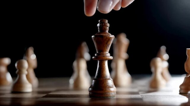 Dramatic chess close‑up with decisive checkmate move on marble board, cinematic light and shallow focus conveying strategy, leadership, and bold decision‑making for finance, consulting,