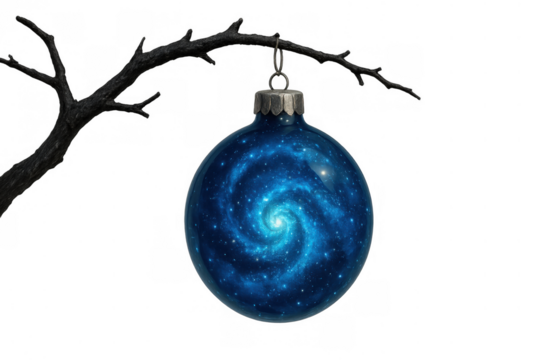 Galaxy christmas ornament hanging on bare branch against transparent background, cosmic bauble with spiral universe