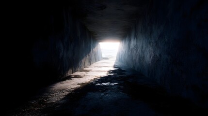 Fototapeta premium A dark rough textured tunnel leading to a bright illuminating exit