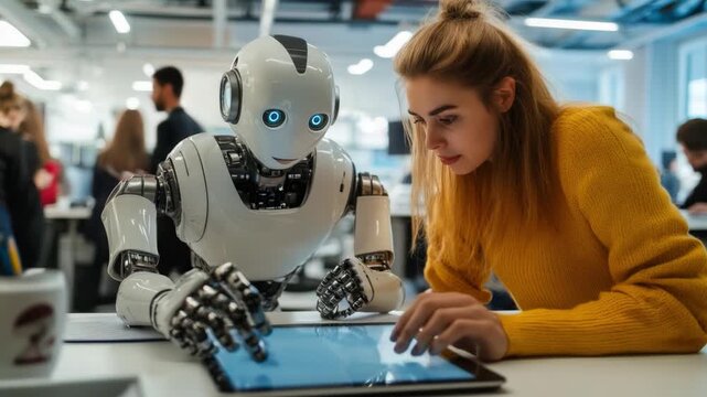 This footage captures a robot and a woman engaged in a collaborative task on a tablet. It illustrates the integration of technology in daily life. Generative AI