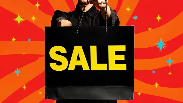 Punchy comic‑style SALE bag reveal with dynamic rays and confetti, upbeat motion graphic look that electrifies promos, flash deals, and app banners seeking fast attention and joyful ret