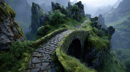 Ancient stone bridge covered in moss and vegetation in a misty mountain landscape, fantasy world scenery
