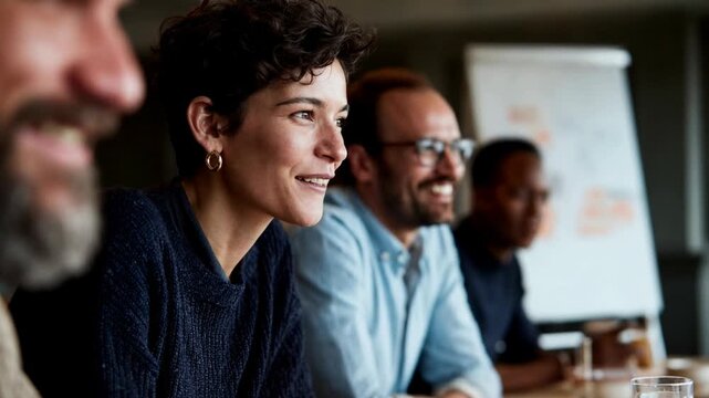 Diverse team smiling in a warm meeting room, authentic workplace energy that showcases collaboration, inclusion, and positive culture for HR branding, corporate videos, and startup comm