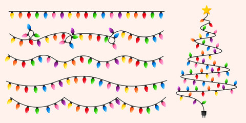 Vector image of Christmas lights. Festive decor and decoration made of colorful Christmas lights. Graphic element for your designs, Christmas cards, websites, banners, and posters.