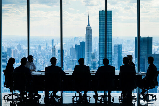 Silhouette of business professionals gathered around a conference table in a modern office with a panoramic view of a city skyline at dusk symbolizing collaboration and corporate success