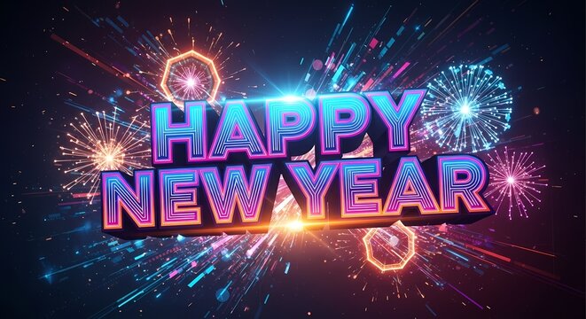 A vibrant happy new year celebration with fireworks and colorful typography