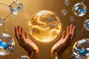 Hands holding global network and data customer connection Radiant sphere held by hands amidst molecular structures.