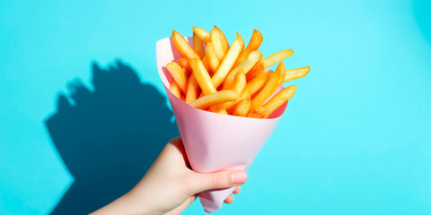 Crispy golden french fries held in a pink paper cone against bright blue background creating a playful fast food concept