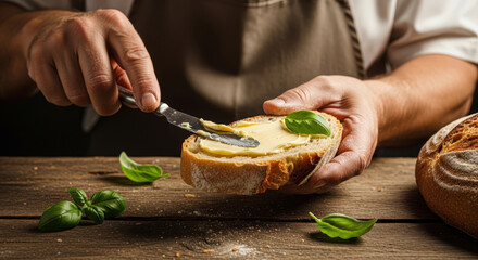 Man spreading butter on fresh baked bread slice with a knife on rustic wooden table, close up